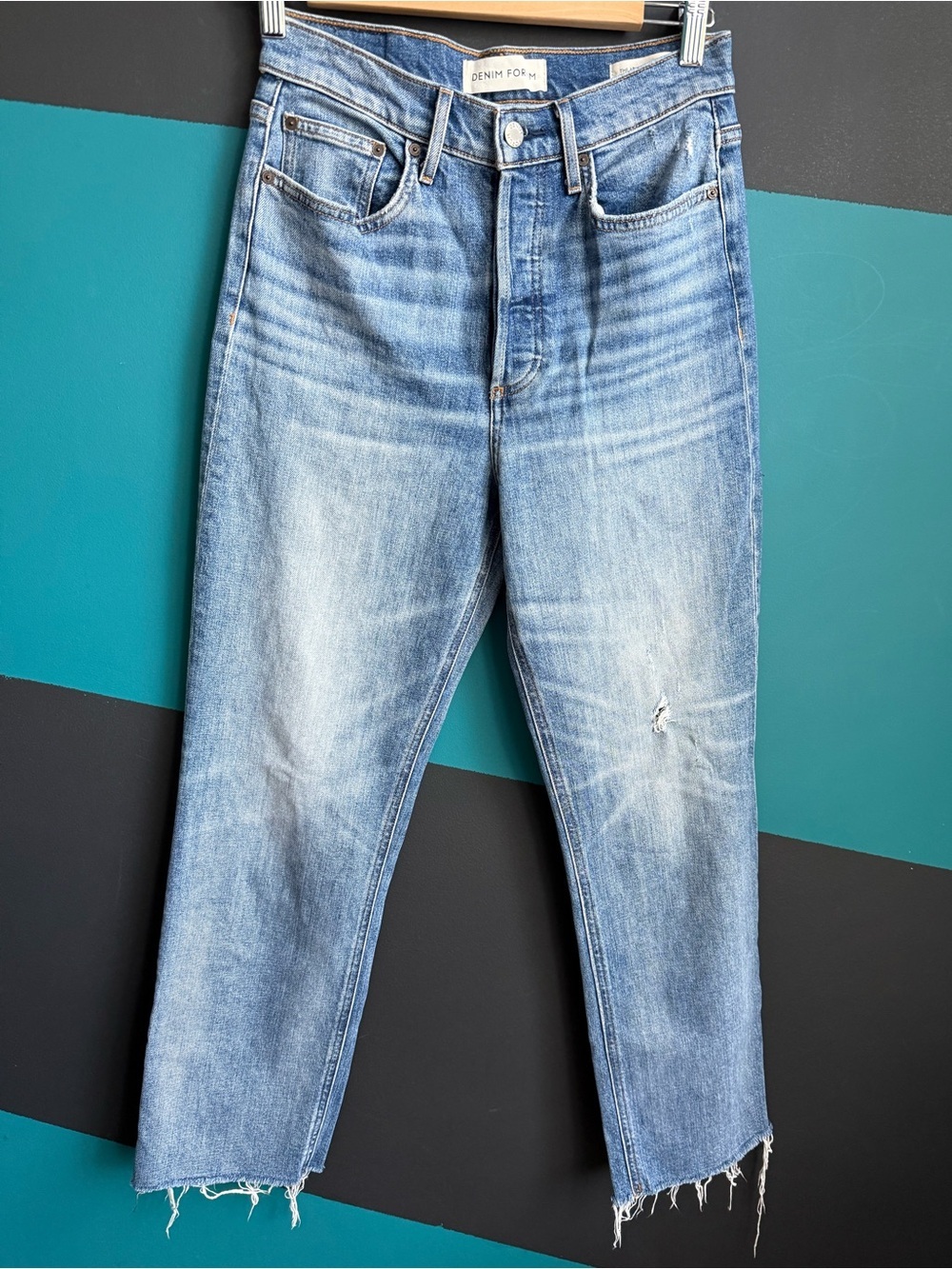 Denim Forum Light Blue Denim Jeans with Tan Stitching The Arlo Highrise Straight